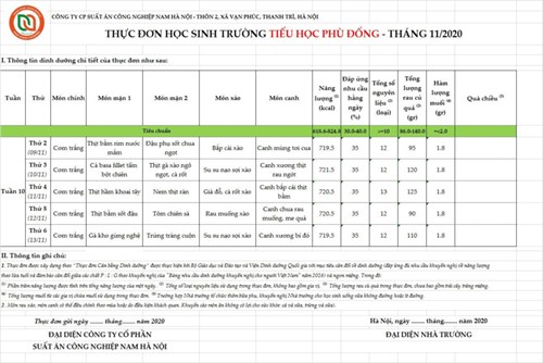 Thực đơn bán trú tuần 09/11 đến 13/11/2020